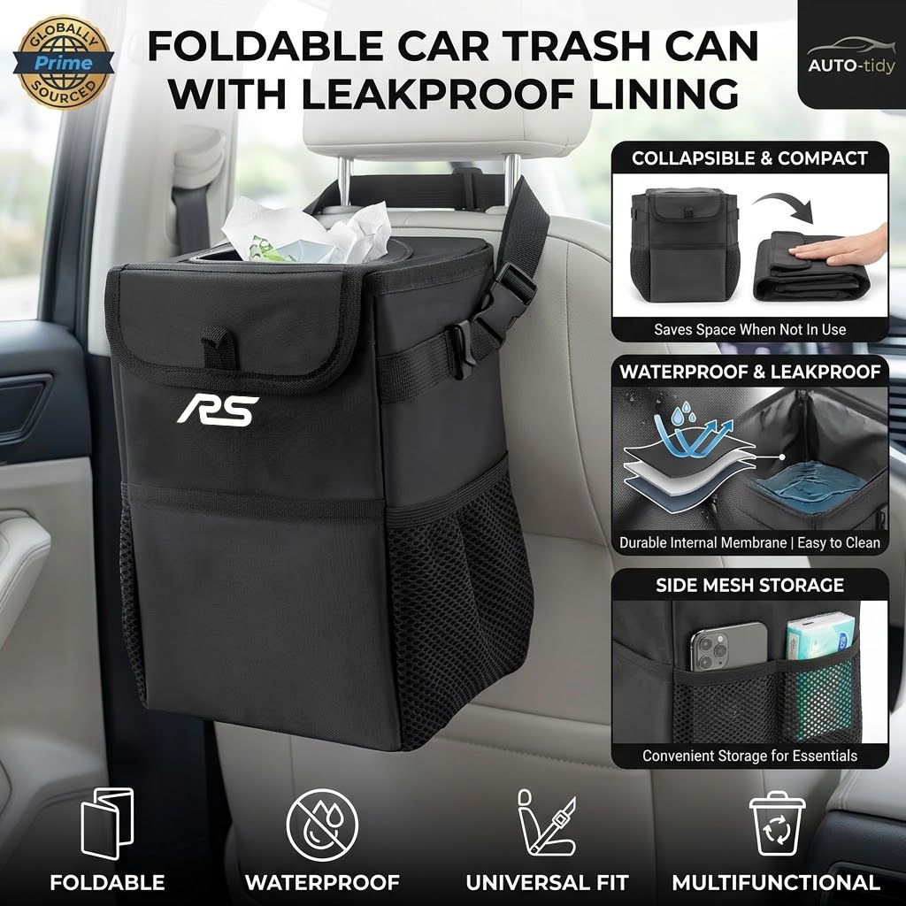 Waterproof Car Trash Can With Lid - ถังขยะในรถยนต์แบบพับได้ พกพาสะดวก ฝาปิดกันน้ำและกันรั่วซึม ความจุ สำหรับ Focus