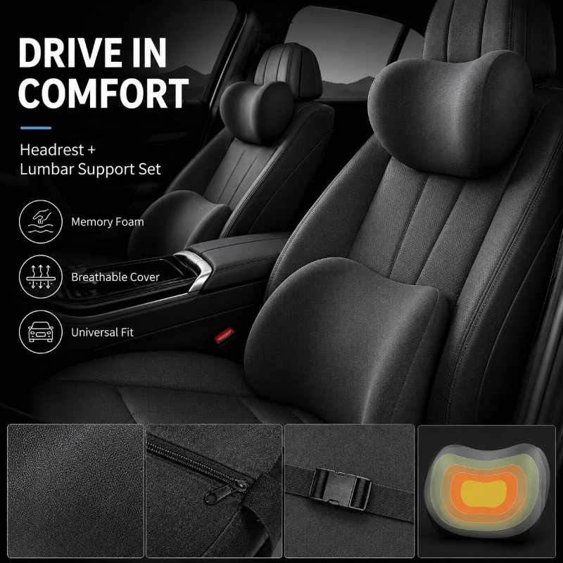 ชุดหมอนรองคอและเบาะรองหลังสำหร - Memory Foam Car Neck Pillow Lumbar Support บทวิจารณ์และราคา