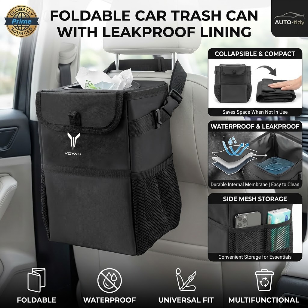 ถังขยะในรถยนต์แบบพับได้ พกพาสะ - Waterproof Car Trash Can With Lid บทวิจารณ์และราคา