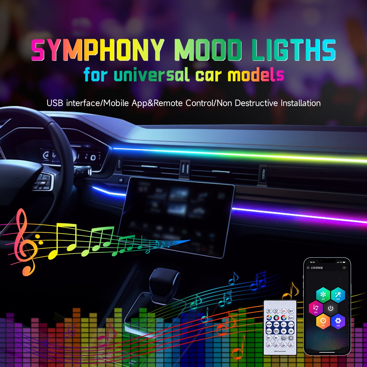 ไฟ LED แถบอะคริลิค 64 สี สำหรั - Led Ambient Interior Car Lights App Control บทวิจารณ์และราคา